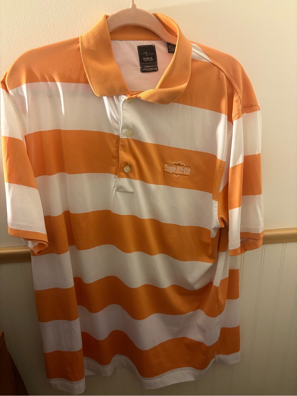 Page & Tuttle Cool Swing Mens L Orange White Stripe Golf Polo Temple Hills Club